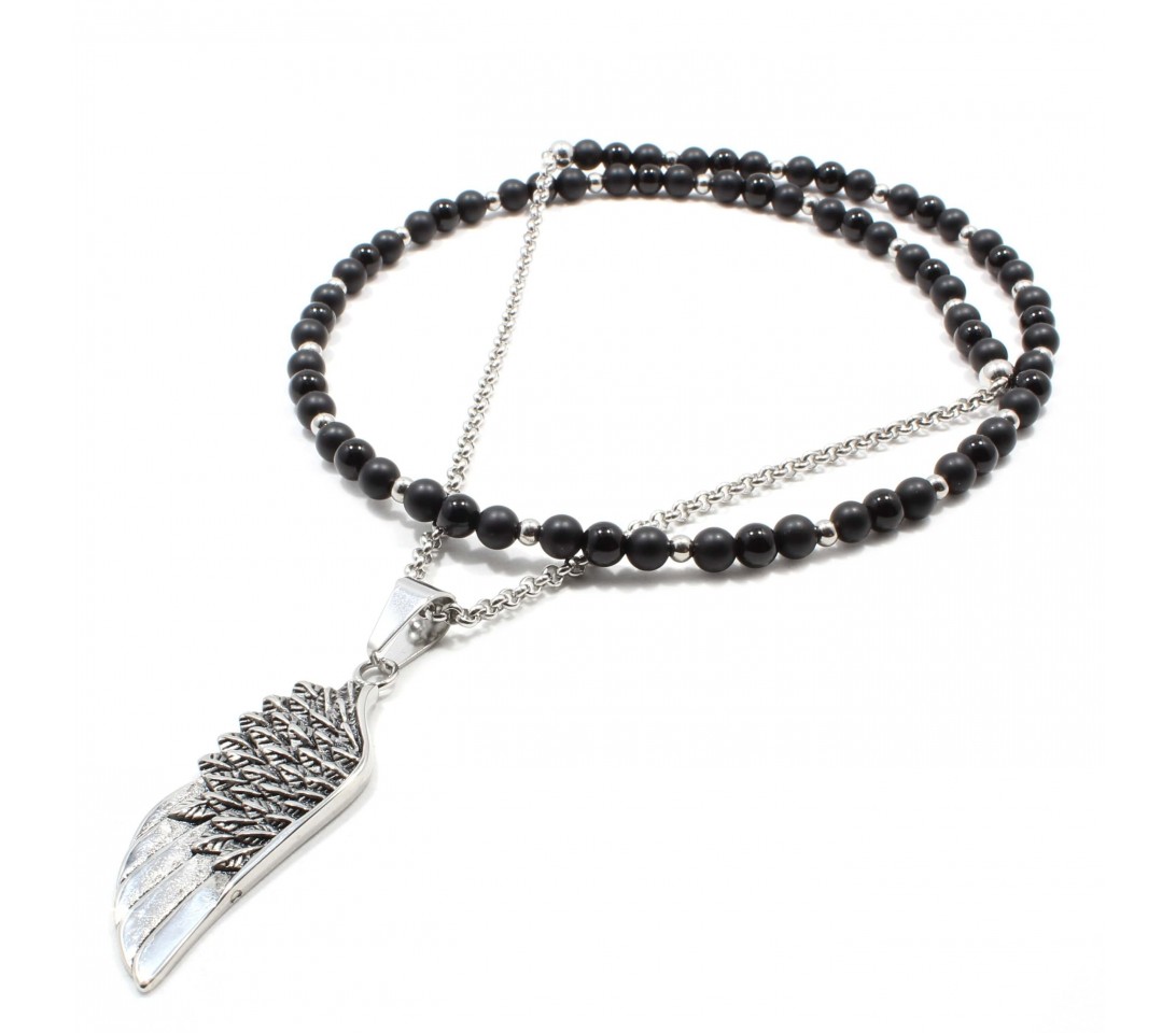 Lant Dark Angel Wing, Tios handmade, pietre naturale Onix mat si lucios 6 mm, pandantiv wing din otel inoxidabil, ~74 cm