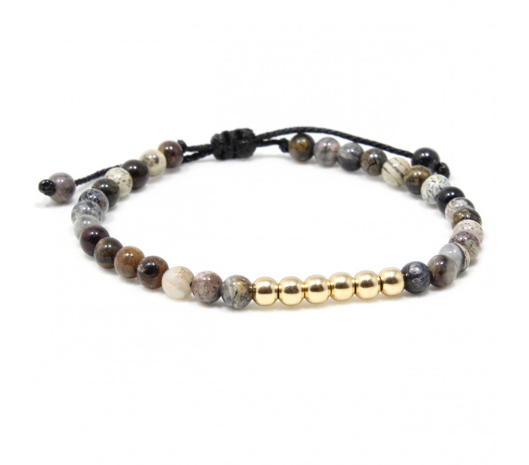 Bratara Pachis, pietre naturale Black Silver Leaf Jasper si bilute din Aur 14k