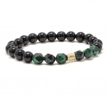 Bratara Oxford, pietre naturale semipretioase Onix, Ochi de tigru verde si accesoriu din Aur 14k