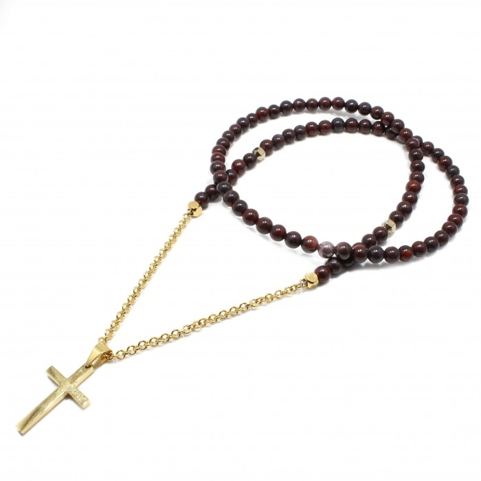 Lant Anvers, pietre naturale Bloodtstone 6mm, cruce si lant din otel inoxidabil