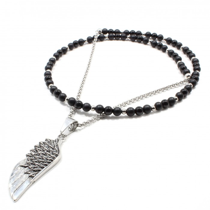 Lant Dark Angel Wing, Tios handmade, pietre naturale Onix mat si lucios 6 mm, pandantiv wing din otel inoxidabil, ~74 cm