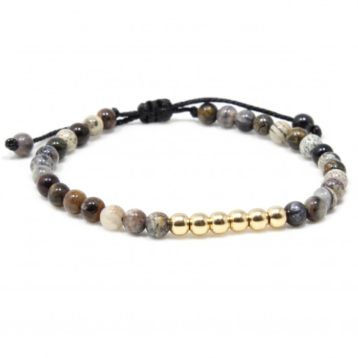 Bratara Pachis, pietre naturale Black Silver Leaf Jasper si bilute din Aur 14k
