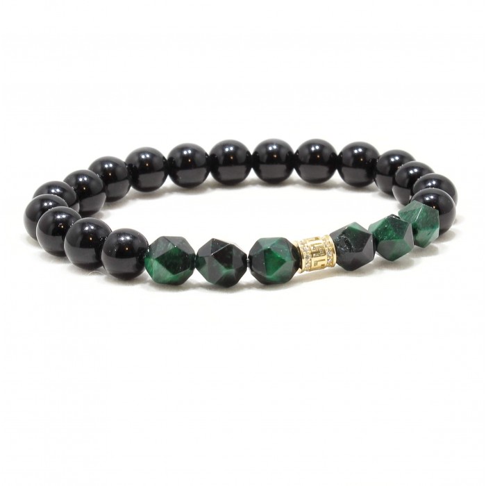 Bratara Oxford, pietre naturale semipretioase Onix, Ochi de tigru verde si accesoriu din Aur 14k